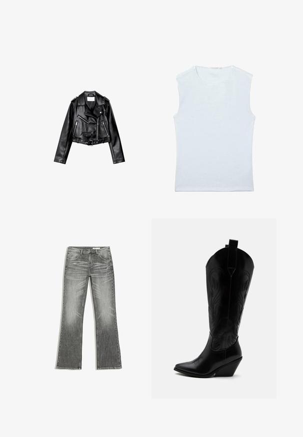 Sort cropped læderbikerjakke med asymmetrisk frontlynlås, trykknapper og fire lynlåse. Har et justerbart bælte i taljen.; Ærmeløs hvid bomulds tanktop med rund halsudskæring og et enkelt, ensfarvet design.; Grå denimjeans med en let vidde i benene, design med fem lommer og falmede detaljer omkring lår og knæ.; Sort læder cowboystøvle med spidst tåparti, skråt blokhælhæl, dekorative sømme og trækstropper øverst mod hvid baggrund.