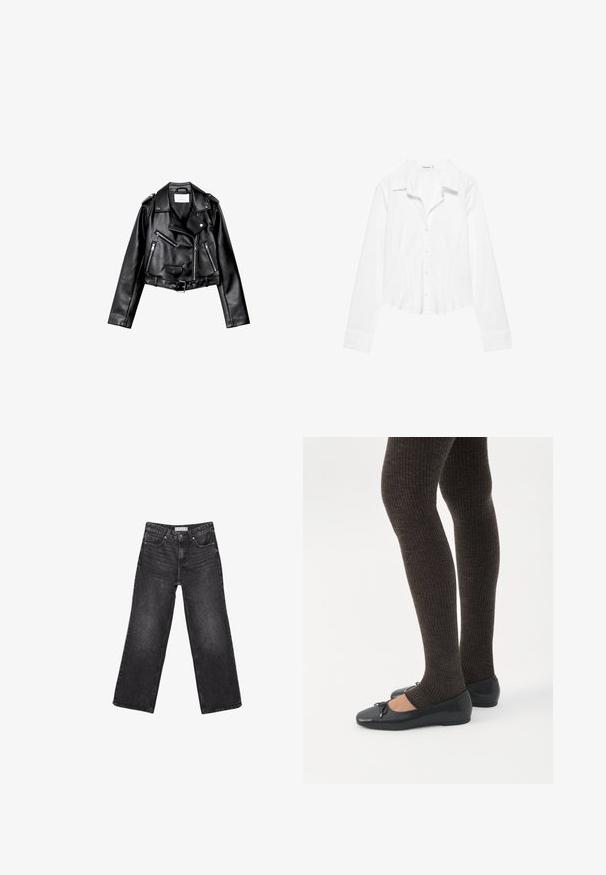 Sort cropped læderbikerjakke med asymmetrisk frontlynlås, trykknapper og fire lynlåse. Har et justerbart bælte i taljen.; Hvid skjorte med lange ærmer, krave, let figursyet talje og manchetter med knapper, vist på en hvid baggrund.; Sorte denimjeans med brede ben, for- og baglommer, knaplukning og bæltestropper, lagt fladt på en hvid baggrund.; Ben iført mørke ribbede leggings kombineret med sorte balletsko med små sløjfedetaljer på hvid baggrund.