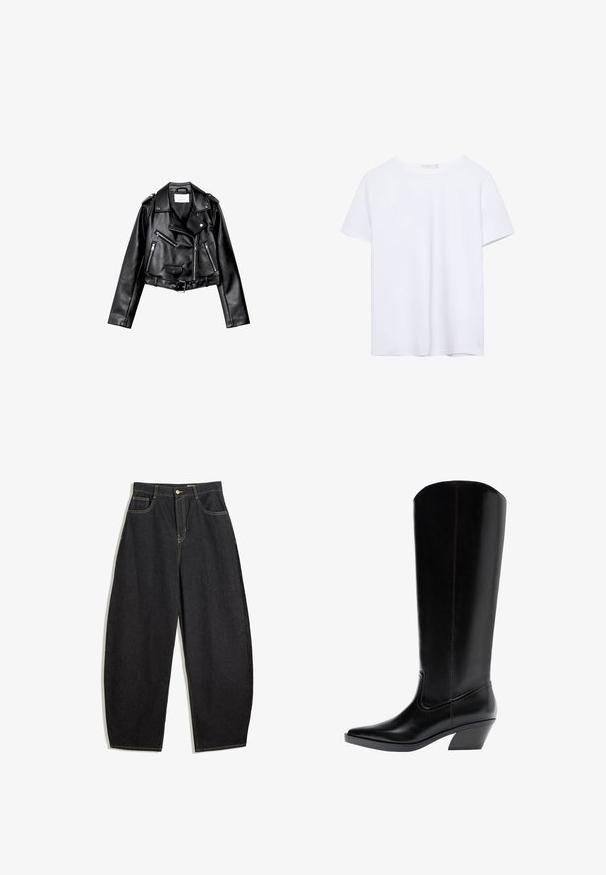 Sort cropped læderbikerjakke med asymmetrisk frontlynlås, trykknapper og fire lynlåse. Har et justerbart bælte i taljen.; Simpel hvid kortærmet t-shirt med rund hals og lige kant, præsenteret på en hvid baggrund.; Sorte denim bukser med vid ben og høj talje, prydet med gule syninger, to forlommer og en enkelt knaplukning.; Høj sort western-støvle i læder med spids tå og skråt blokhæl, vendt mod venstre på hvid baggrund.