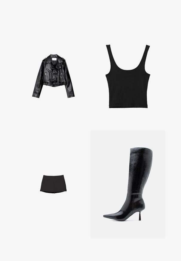 Sort cropped læderbikerjakke med asymmetrisk frontlynlås, trykknapper og fire lynlåse. Har et justerbart bælte i taljen.; Sort cropped tank top med brede skulderstropper, lavet i blødt materiale, med en glat tekstur og et minimalistisk design.; Sort atletisk skort med tilpasset talje og kort kant, designet til aktivt brug med et glat, elastisk stof.; Sorte knæhøje stiletto støvler med en skinnende læderoverflade, spids tå og slank, konisk hæl, der har en glat overflade og et strømlinet design.
