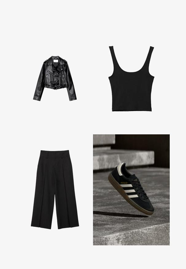 Sort cropped læderbikerjakke med asymmetrisk frontlynlås, trykknapper og fire lynlåse. Har et justerbart bælte i taljen.; Sort cropped tank top med brede skulderstropper, lavet i blødt materiale, med en glat tekstur og et minimalistisk design.; Sorte vide bens cropped bukser med bæltestropper og forreste plisseringer, lavet af et glat stof for et skræddersyet udseende.; Sort Adidas-sneaker med hvide striber og gummisåler, svævende over grå betontrapper i naturligt lys.
