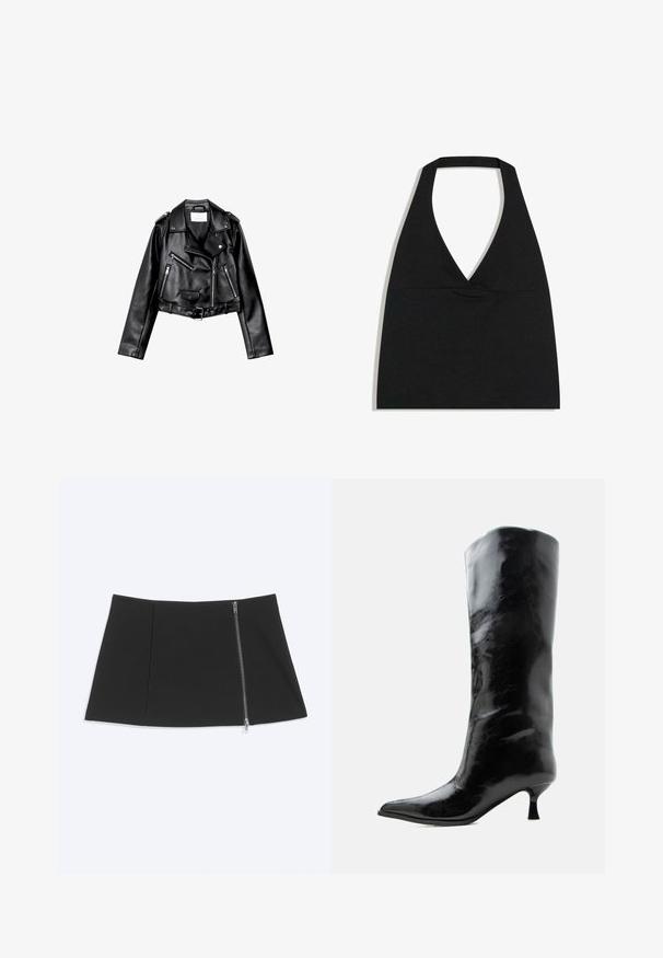 Sort cropped læderbikerjakke med asymmetrisk frontlynlås, trykknapper og fire lynlåse. Har et justerbart bælte i taljen.; Sort halterneck crop top med dyb V-udskæring og bred nakkestrop mod en hvid baggrund.; Sort mininederdel med en sølv lynlås, der går diagonalt ned langs højre side, glat stof, let udvidet kant.; Sort skinnende knæhøj læderstøvle med spids tå og lav buet hæl på en ensfarvet lys baggrund.