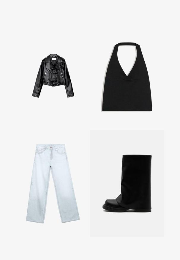 Sort cropped læderbikerjakke med asymmetrisk frontlynlås, trykknapper og fire lynlåse. Har et justerbart bælte i taljen.; Sort halterneck crop top med dyb V-udskæring og bred nakkestrop mod en hvid baggrund.; Lyseblå vidde jeans med frontlommer, bæltestropper og knaplukning på hvid baggrund.; Sort høj læderstøvle med bred, løs øvre skaft og en tyk, rundet sål på hvid baggrund.