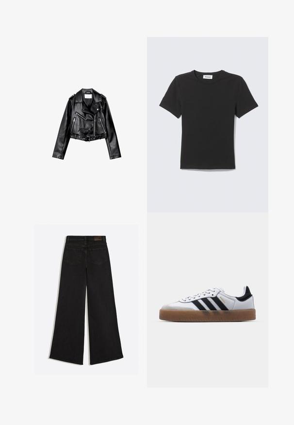 Sort cropped læderbikerjakke med asymmetrisk frontlynlås, trykknapper og fire lynlåse. Har et justerbart bælte i taljen.; Sort T-shirt med korte ærmer og rund hals lagt fladt med et lille hvidt mærke inde i kraven mod en lys baggrund.; Sort vidde jeans med baglommer og bæltestropper på linningen, set bagfra.; Hvide lædersneakers med sorte striber, gummirubber sål, rund tå, snørelukning og blød grå ruskinds tåhætte.