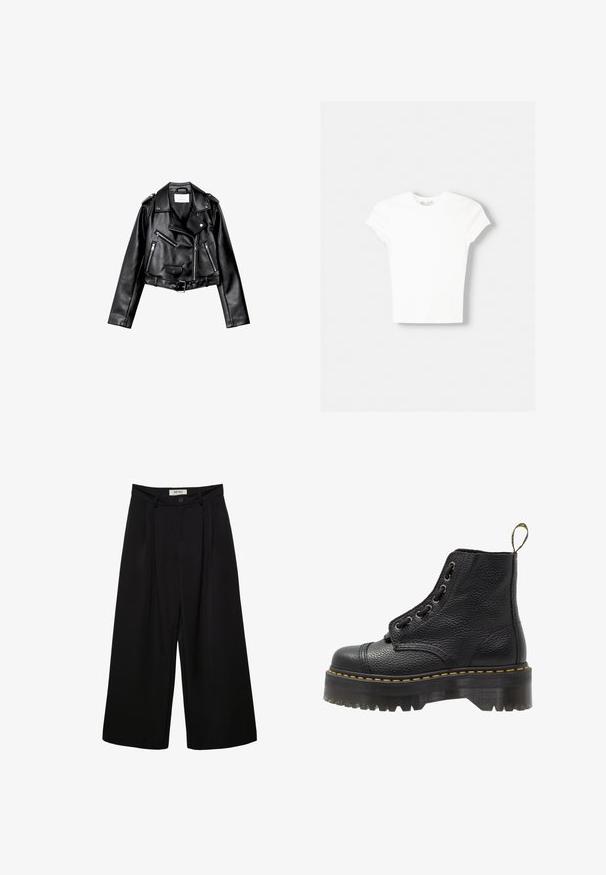 Sort cropped læderbikerjakke med asymmetrisk frontlynlås, trykknapper og fire lynlåse. Har et justerbart bælte i taljen.; Hvid kortærmet t-shirt lavet af blød bomuld, med rund halsudskæring og en tætsiddende form. Ingen synlige mønstre eller udsmykninger.; Sorte bukser med vide ben og høj talje, med forreste læg, to sidelommer og knaplukning. Glat stoftekstur.; Sorte læder ankelstøvler med tekstureret overflade, rund tå, snørebåndsdesign, gule stikninger og en tyk, rillet sort platformsål.
