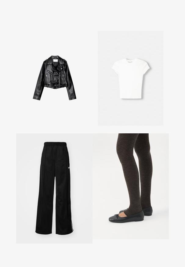 Sort cropped læderbikerjakke med asymmetrisk frontlynlås, trykknapper og fire lynlåse. Har et justerbart bælte i taljen.; Hvid kortærmet t-shirt lavet af blød bomuld, med rund halsudskæring og en tætsiddende form. Ingen synlige mønstre eller udsmykninger.; Sorte brede træningsbukser med elastisk talje, prydet med hvide side-striber og et lille logo på venstre hofte. Glat stofstruktur.; Ben iført mørke ribbede leggings kombineret med sorte balletsko med små sløjfedetaljer på hvid baggrund.