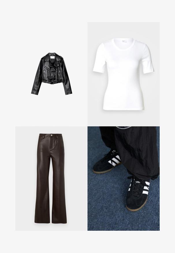 Sort cropped læderbikerjakke med asymmetrisk frontlynlås, trykknapper og fire lynlåse. Har et justerbart bælte i taljen.; Hvid T-shirt med korte ærmer lavet af glat bomuld, med rund halsudskæring og en tætsiddende pasform. Klassisk design uden mønstre eller detaljer.; Vero Moda Wide-leg VMTESSA High rise - Bukser - chocolate torte; Sorte suedetrainingssko med tre hvide striber og sorte snørebånd. Et tekstureret sort bukser er delvist synligt ved siden af skoene.