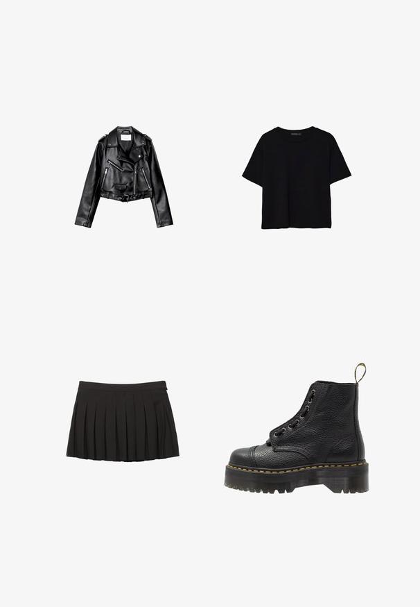 Sort cropped læderbikerjakke med asymmetrisk frontlynlås, trykknapper og fire lynlåse. Har et justerbart bælte i taljen.; Sort kortærmet crop-top med rund halsudskæring og enkel design lagt fladt på hvid baggrund.; Sort plisseret mininederdel med taljebånd og lynlås i siden, vist på en hvid baggrund.; Sorte læder ankelstøvler med tekstureret overflade, rund tå, snørebåndsdesign, gule stikninger og en tyk, rillet sort platformsål.