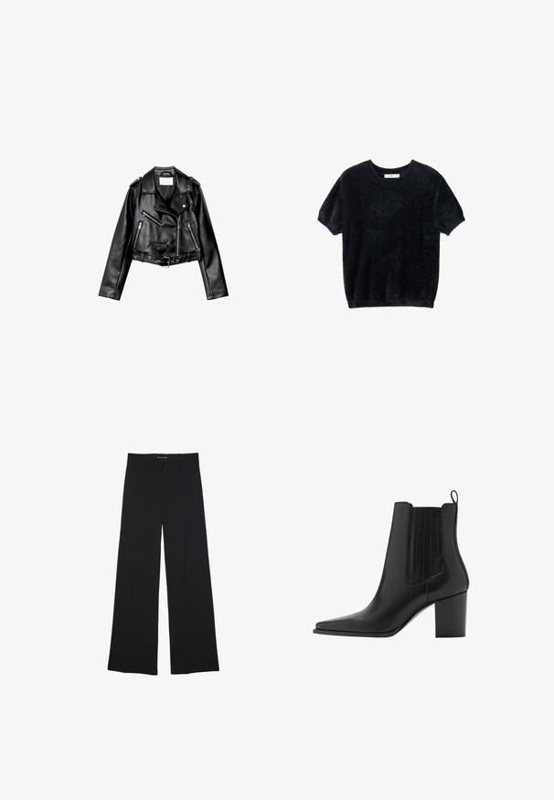 Sort cropped læderbikerjakke med asymmetrisk frontlynlås, trykknapper og fire lynlåse. Har et justerbart bælte i taljen.; Sort kortermet sweater lavet af blødt, fuzzystof. Har en rund halsudskæring og en afslappet pasform med en let cropped kant.; Sorte bukser med vide ben med knap- og lynlåslukning, bæltestropper og en glat, skræddersyet finish.; Sort læderstøvle til anklen med spids snude, blokhælk, trækflig og elastiske sidepaneler for nem påtagning.