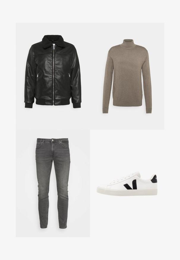 Lindbergh JACKET - Veste en similicuir - black; Pull en col roulé beige en matière tricotée douce. Il présente des manches longues et des poignets côtelés avec une coupe décontractée. Pas de motifs visibles.; Jean skinny en denim gris avec un design classique à cinq poches, dotés d'une fermeture à bouton et de coutures minimalistes sur une texture lisse.; Sneaker blanche en cuir avec des accents en daim noir ; dispose d'une semelle en caoutchouc, d'un bout rond et d'un design classique à lacets. Logo latéral en noir.