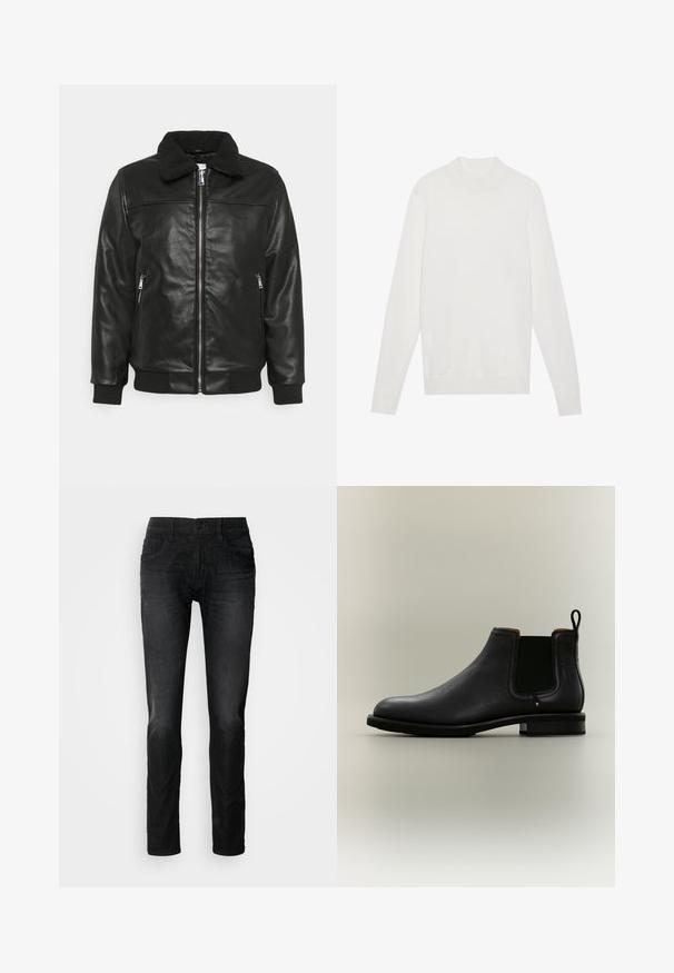 Lindbergh JACKET - Bunda z nepravej kože - black; Biely pulóver s vysokým golierom, dlhými rukávmi a ribbenými manžetami a spodným lemom. Vyrobený z jemného pleteného materiálu. Jednoduchý a priliehavý dizajn.; Čierne džínsy z denimu so strihom rovného nohu, obsahujúce päť vreciek, zapínanie na gombíky a jemnú textúru látky. Žiadne viditeľné poškodenie alebo vzory.; Čierna kožená Chelsea členková obuv s elastickými bočnými panelmi a ťahacou slučkou na svetlosivom pozadí.
