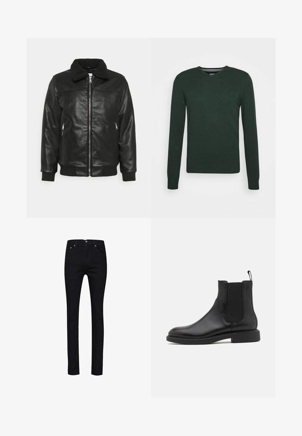 Lindbergh JACKET - Kunstlederjacke - black; Dunkelgrüner V-Ausschnitt-Pullover. Hergestellt aus Strickmaterial mit langen Ärmeln, gerippten Bündchen und einem geraden Saum. Verfügt über eine dezente, strukturierte Oberfläche.; Schwarze Jeans aus Denim mit geradem Schnitt, fünf Taschen, Metallknöpfen und einer einzelnen Gesäßtasche mit Ziersteppung.; Schwarze Leder-Ankle-Boots mit glatter Textur, elastischen Seitenpaneelen und einer Zuglasche. Runde Zehenpartie und flache Gummisohle mit minimalem Profil.