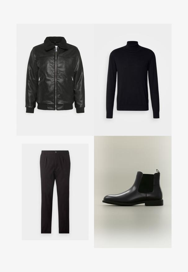 Lindbergh JACKET - Chaqueta de cuero sintético - black; Suéter negro de cuello alto hecho de una tela suave. Presenta mangas largas, cuello y puños acanalados, con una textura suave y sin patrones.; Pantalones formales negros con cierre de botón y cremallera, bolsillos laterales y un diseño recto y ajustado.; Bota Chelsea de cuero negro con paneles laterales elásticos y una lengüeta en un fondo neutro, mostrada de perfil.