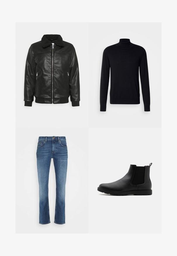 Lindbergh JACKET - Kunstlederjacke - black; Schwarzer Rollkragenpullover aus weichem Stoff. Mit langen Ärmeln, geripptem Kragen und Bündchen, hat eine glatte Textur und keine Muster.; Gerade geschnittene blaue Denim-Jeans mit Vorder- und Gesäßtaschen, Knopfverschluss und ausgewaschenen Details an den Oberschenkeln und Unterschenkeln.; Schwarze Leder-Chelsea-Stiefel mit elastischen Seitenpaneelen, einem Zugband und einer robusten Gummisohle. Glatte Textur und elegantes Design.