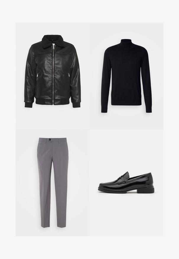 Lindbergh JACKET - Kunstlederjacke - black; Schwarzer Rollkragenpullover aus weichem Stoff. Mit langen Ärmeln, geripptem Kragen und Bündchen, hat eine glatte Textur und keine Muster.; Graue maßgeschneiderte Hose mit glatter Textur, geradem Bein Design, einfacher Knopfverschluss und vorderen Taschen. Keine sichtbaren Muster oder Akzente.; Schwarze Lederloafers mit runder Zehenform, ausgestattet mit einer genähten Detail über dem Vorderschaft und einem niedrigen Blockabsatz. Glatte Textur und glänzende Oberfläche.