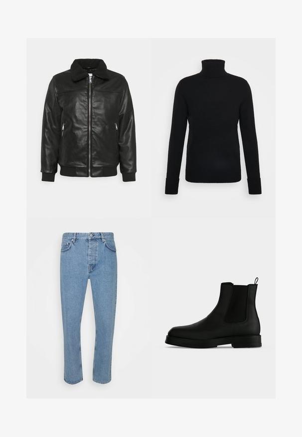 Lindbergh JACKET - Kunstlederjacke - black; FTC Cashmere ROLLNECK - Strickpullover - moonless night; Helle blaue Denim-Jeans mit geradem Schnitt. Verfügt über fünf Taschen, einen Knopfverschluss und dezente Ausbleichungen für Textur.; Schwarzer Leder-Chelsea-Boot mit elastischem Seiteneinsatz, Zuglasche hinten und flacher, gestapelter Sohle auf einfachem hellem Hintergrund.