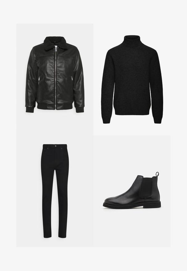 Lindbergh JACKET - Chaqueta de cuero sintético - black; Jersey negro de cuello alto y manga larga con puños y dobladillo acanalados, fabricado con un tejido de punto suave.; Jeans skinny de mezclilla negra con cintura alta, con cierre de botón en la parte delantera y cinco bolsillos. Textura suave y ajuste entallado.; Botas Chelsea de cuero negro con paneles laterales elásticos y una lengüeta. Punta redonda y suela de goma plana, con un acabado suave.
