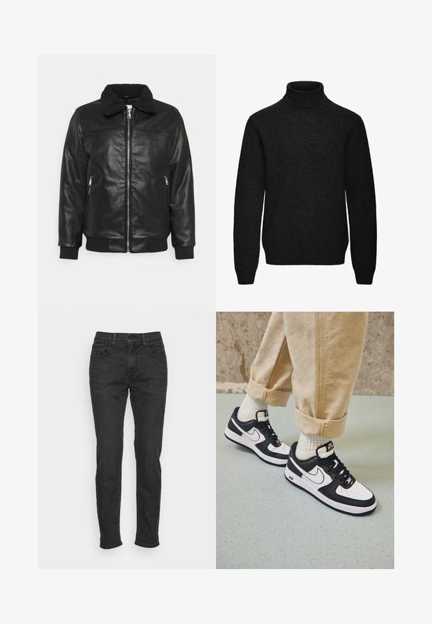 Lindbergh JACKET - Veste en similicuir - black; Pull noir à col roulé manches longues avec poignets et ourlet côtelés, en tissu tricoté doux.; Jean en denim noir avec une coupe ajustée, comportant cinq poches, des passants de ceinture et des détails de couture subtils. Texture usée sur le tissu.; Baskets Nike Air Force 1 en noir et blanc avec un dessus en cuir, orteil perforé et détail de semelle texturée, portées avec un pantalon beige retroussé et des chaussettes blanches.