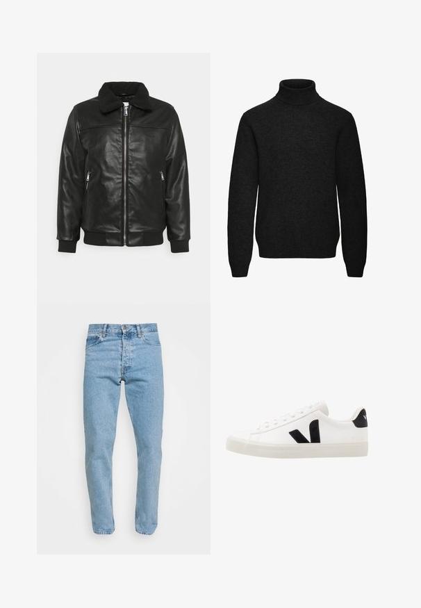 Lindbergh JACKET - Kunstlederjacke - black; Schwarzer Rollkragenpullover mit langen Ärmeln, gerippten Bündchen und Saum, aus weichem Strickstoff.; Helle blaue Denim-Jeans mit klassischem Fünf-Taschen-Design, Reißverschluss und leicht tapered Beinen, die dezente Abnutzungsspuren und Nähdetails aufweisen.; Weiße Leder-Sneaker mit schwarzen Wildlederelementen; verfügen über eine Gummisohle, eine runde Spitze und ein klassisches Schnürdesign. Seitliches Logo in Schwarz.