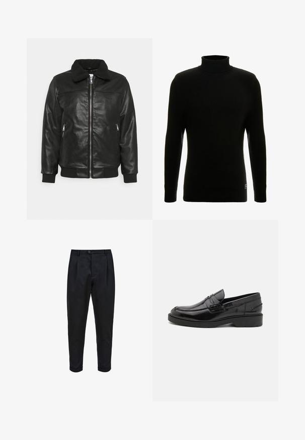 Lindbergh JACKET - Kunstlederjacke - black; Schwarzer Rollkragenpullover mit langen Ärmeln, gerippter Textur, figurbetonter Silhouette und kleinem Markenschild unten links.; Schwarze Hose aus einem glatten Stoff, mit einem gefalteten Vorderteil, schmalem Schnitt und umgeschlagenen Säumen. Einfache Knopfverschluss an der Taille.; Schwarze Lederloafers mit glatter Oberfläche, abgerundetem Zehenbereich, niedrigem Absatz und dekorativer Naht entlang der Vorderseite. Gummisohle für guten Halt.
