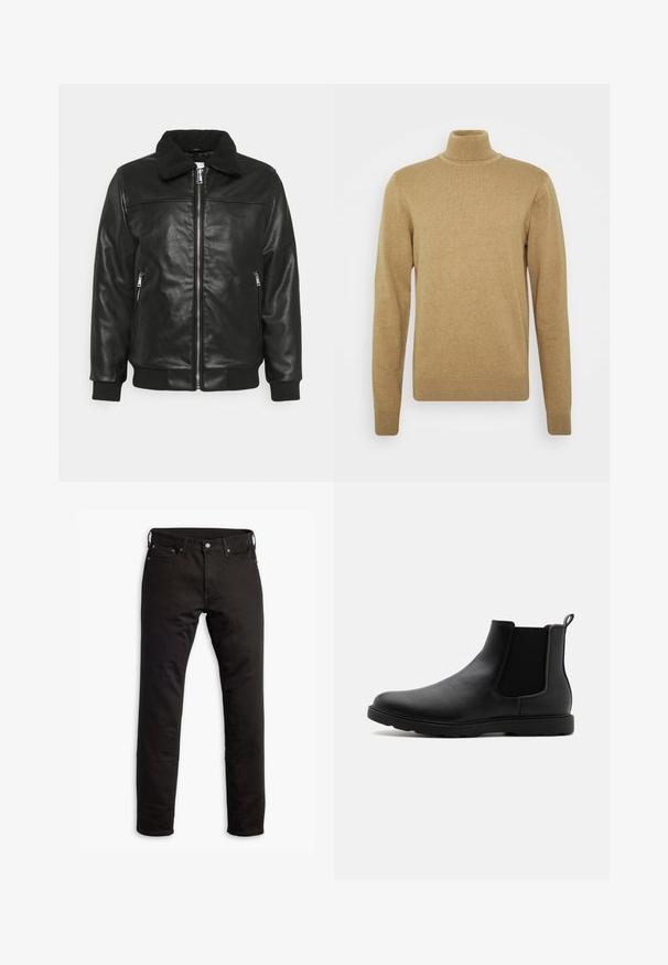 Lindbergh JACKET - Bunda z nepravej kože - black; Béžový rolák vyrobený z mäkkej pleteniny. Má dlhé rukávy a priliehavý strih. Hranatý lem a akcenty na golieri sú ribbované.; Čierne džínsové nohavice so strižným dizajnom, prednými vreckami a zapínaním na gombík. Tkanina má hladkú textúru a minimálne detaily.; Čierne kožené Chelsea čižmy s elastickými bočnými panelmi, pútkom na obúvanie a odolnou gumovou podrážkou. Hladká textúra a štíhly dizajn.