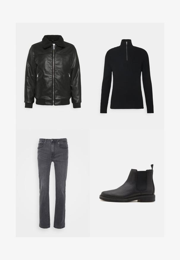 Lindbergh JACKET - Kunstlederjacke - black; Schwarzer gerippter Rollkragenpullover, ausgestattet mit einem Viertelreißverschluss, langen Ärmeln und einem strukturierten Stoff für zusätzliche Dimension.; Graue Denim-Jeans mit geradem Schnitt, ausgestattet mit Fronttaschen und einem klassischen Knopfverschluss. Glatte Textur mit subtiler Ausbleichung.; Schwarze Leder Chelsea-Stiefel mit strukturiertem Finish, elastischen Seitenpaneelen und einer Zuglasche, ausgestattet mit einer niedrigen, flachen Gummisohle.