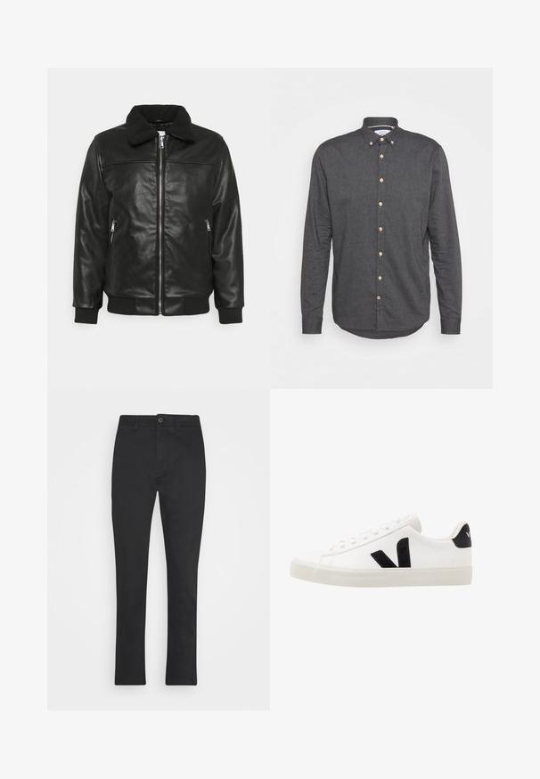Lindbergh JACKET - Kunstlederjacke - black; Dunkelgraues Hemd mit Knöpfen, aus strukturiertem Stoff, mit langen Ärmeln, einem spitzen Kragen und Holzknöpfen auf der Vorderseite.; Schwarze, gerade geschnittene Hose aus Baumwollmischung. Verfügt über einen vorderen Knopfverschluss und Standardtaschen; glatte Textur mit mattem Finish.; Weiße Leder-Sneaker mit schwarzen Wildlederelementen; verfügen über eine Gummisohle, eine runde Spitze und ein klassisches Schnürdesign. Seitliches Logo in Schwarz.