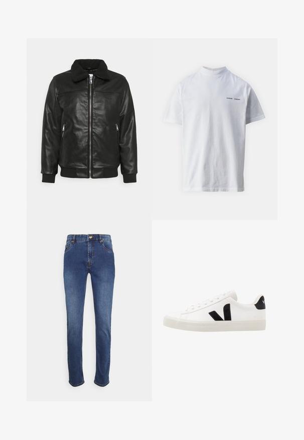 Lindbergh JACKET - Bunda z nepravej kože - black; Biely bavlnený tričko s vysokým výstrihom a krátkymi rukávmi. Na prednej strane sa nachádza logo "SAMSØE SAMSØE" v čiernej farbe. Hladká textúra.; Džínsy v tmavomodrej farbe s klasickým rovnými strihom, piatimi vreckami, zlatým gombíkovým zapínaním a jemnými švjami podél švov.; Biele kožené tenisky s čiernymi semišovými akcentmi; majú gumovú podrážku, okrúly špičku a klasický šnurovací dizajn. Na boku logo v čiernej farbe.