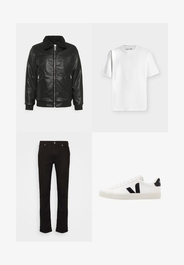 Lindbergh JACKET - Kunstlederjacke - black; Schlichtes weißes T-Shirt mit kurzen Ärmeln und Rundhalsausschnitt, flach auf einem hellgrauen Hintergrund liegend mit einem kleinen Markenlabel im Halsausschnitt.; Schwarze Denim-Jeans mit geradem Schnitt, ausgestattet mit einem klassischen Fünf-Taschen-Design, einem Metallknopfverschluss und dezenten Nähdetails.; Weiße Leder-Sneaker mit schwarzen Wildlederelementen; verfügen über eine Gummisohle, eine runde Spitze und ein klassisches Schnürdesign. Seitliches Logo in Schwarz.