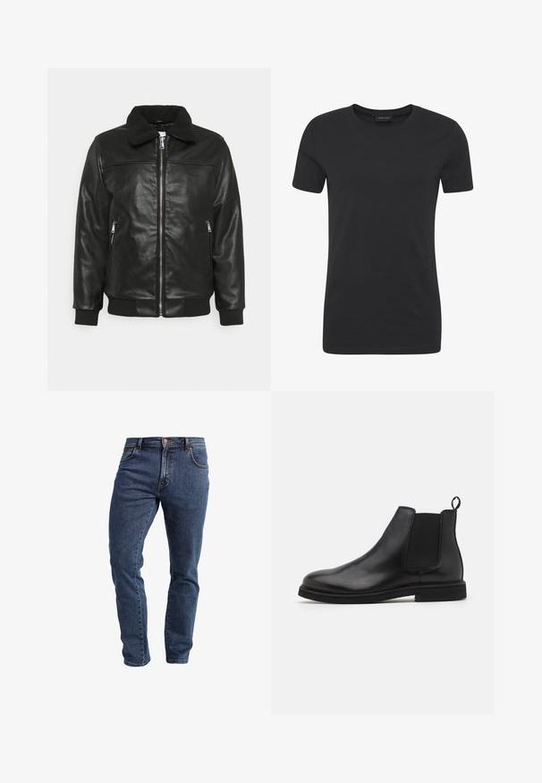 Lindbergh JACKET - Chaqueta de cuero sintético - black; Camiseta negra de manga corta con cuello redondo, diseño sencillo y ajuste cómodo.; Vaqueros denim ajustados de color azul oscuro con cinco bolsillos y cierre con botón de cobre, mostrados sobre un fondo blanco.; Botas Chelsea de cuero negro con paneles laterales elásticos y una lengüeta. Punta redonda y suela de goma plana, con un acabado suave.