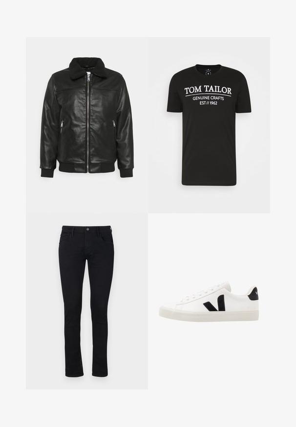 Lindbergh JACKET - Chaqueta de cuero sintético - black; TOM TAILOR Camiseta estampada - black; Jeans slim fit negros de material vaquero con una textura suave. Con cinco bolsillos y cremallera con cierre de botón en la cintura.; Zapatilla de cuero blanca con acentos de ante negro; presenta una suela de goma, puntera redonda y un diseño clásico de cordones. Logo lateral en negro.