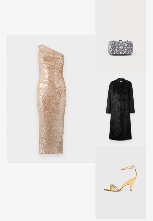 Manteau en fausse fourrure noire au design long, avec des manches longues et une surface douce et texturée. Il présente un style minimaliste sans fermetures visibles.; Robe bodycon avec un design à une épaule, fabriquée en tissu pailleté doré. Présente une silhouette ajustée et une texture lisse.; Sandale à talons dorés avec un design à lanières, dotée d'une bande ornée de strass. Bout ouvert, bride de cheville ajustable et talon effilé.; Petit sac pochette rectangulaire gris foncé orné de strass clairs disposés en motif rayonnant, avec une bandoulière chaîne argentée.
