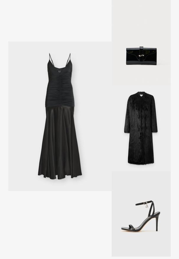 Manteau en fausse fourrure noire au design long, avec des manches longues et une surface douce et texturée. Il présente un style minimaliste sans fermetures visibles.; Robe de soirée noire en tissu lisse et extensible. Présente des bretelles fines, une texture froncée sur le corsage et une jupe évasée.; Sandale à talon haut noire avec une bride étroite à la cheville, bout carré, cuir lisse et accent de boucle métallique.; Portefeuille rectangulaire brillant noir avec une sangle frontale et une fermeture à boucle en métal argenté, présenté sur un fond blanc uni.