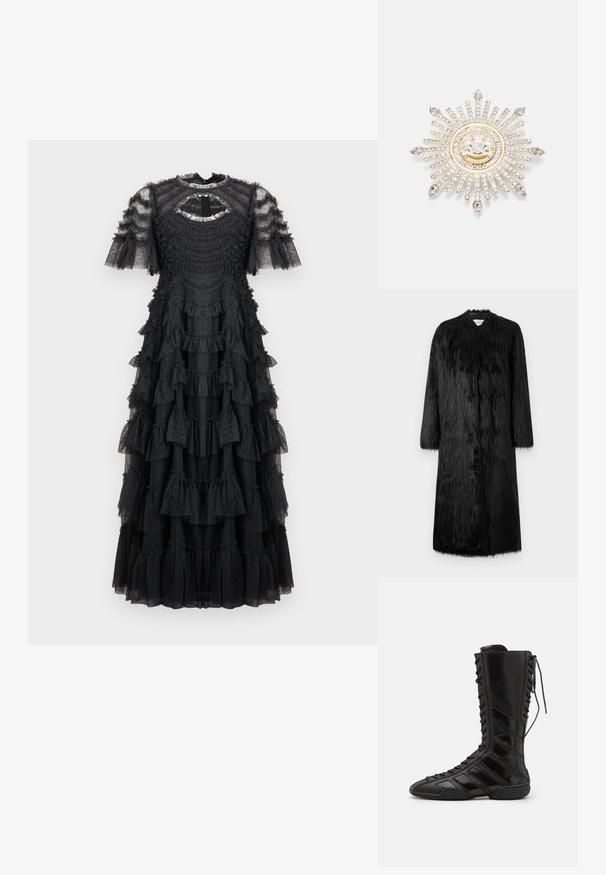 Manteau en fausse fourrure noire au design long, avec des manches longues et une surface douce et texturée. Il présente un style minimaliste sans fermetures visibles.; Robe noire en tissu superposé et transparent, avec des volants, des manches courtes bouffantes et un col rond agrémenté d'un détail en forme de trou de serrure à l'arrière.; Bottes montantes noires en matériau synthétique brillant, présentant un design de laçage sophistiqué et des accents de rayures diagonales sur les côtés.; Broche en argent avec un design en rayons de soleil, mettant en vedette des strass clairs et un centre circulaire accentué d'or avec un emblème.