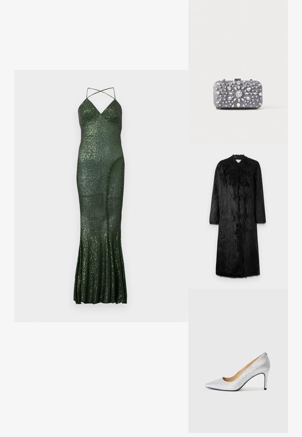 Manteau en fausse fourrure noire au design long, avec des manches longues et une surface douce et texturée. Il présente un style minimaliste sans fermetures visibles.; Robe de soirée verte à sequins avec une silhouette ajustée, des bretelles spaghetti et un ourlet évasé, ornée de bandes verticales de sequins pour la texture.; Pompe à talons aiguilles en argent pailleté avec un bout pointu et une doublure intérieure lisse. Le talon est fin, soulignant le design élégant.; Petit sac pochette rectangulaire gris foncé orné de strass clairs disposés en motif rayonnant, avec une bandoulière chaîne argentée.
