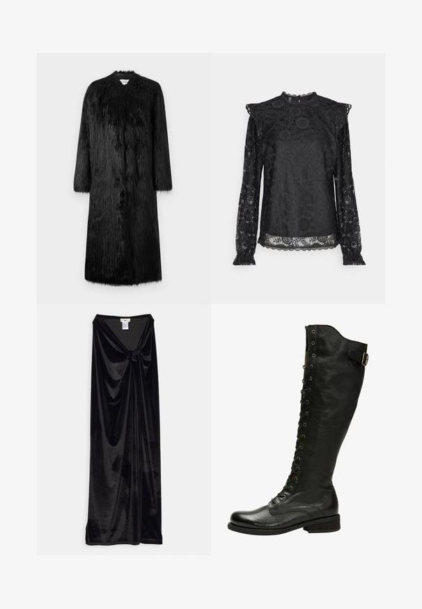 Manteau en fausse fourrure noire au design long, avec des manches longues et une surface douce et texturée. Il présente un style minimaliste sans fermetures visibles.; PIECES Tall PCOLLINE - Blouse - black; GmbH LONG SKIRT WITH A KNOT - Jupe longue - black; Botte en cuir noir hauteur genou avec un laçage à l'avant, œillets en métal argenté et boucle sur le côté. Présente une finition texturée et un talon empilé.