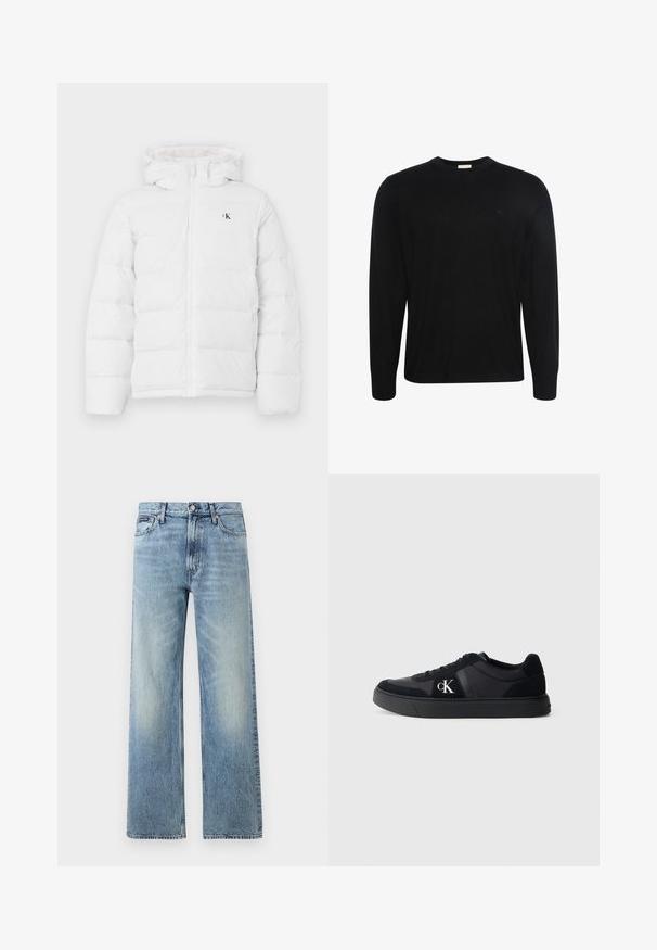 Weisse gepolsterte Jacke mit Kapuze, Frontreißverschluss, seitlichen Taschen und kleinem schwarzen "cK"-Logo auf der Brust.; Schwarzer Pullover mit langen Ärmeln und Rundhalsausschnitt, aus dezent strukturiertem Stoff mit kleinem gesticktem Logo auf der linken Brust.; Hellblaue Jeans mit geradem Bein, hohem Bund, fünf Taschen, Knopfverschluss und dezentem Verblassen an Oberschenkeln und Knien.; Schwarzer, niedriger Sneaker mit Schnürdesign, Wildlederakzenten und weißem "cK"-Logo an der Seite, vor einem schlichten hellgrauen Hintergrund.