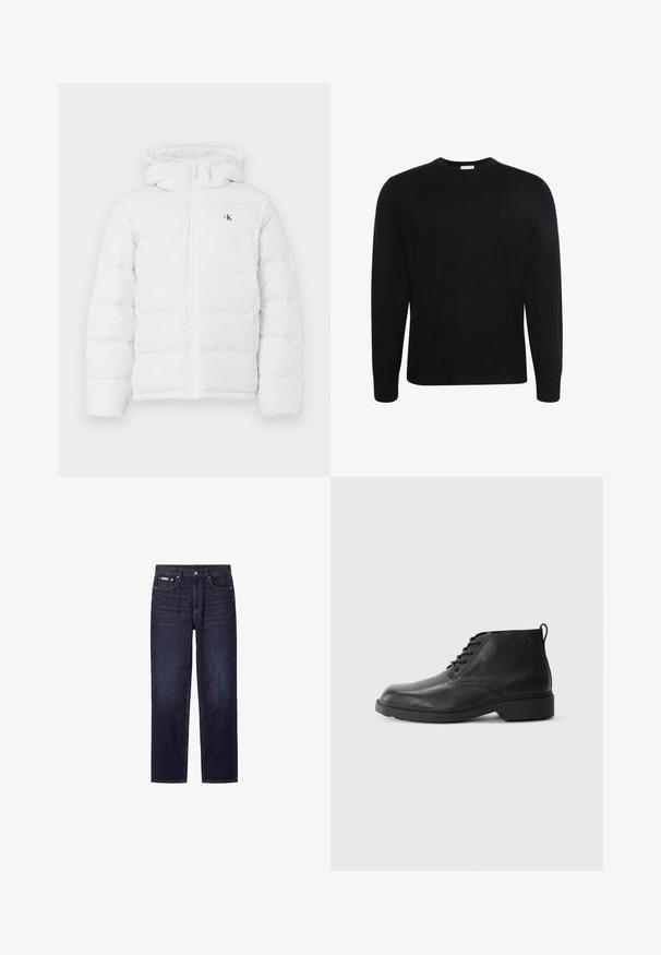 Weisse gepolsterte Jacke mit Kapuze, Frontreißverschluss, seitlichen Taschen und kleinem schwarzen "cK"-Logo auf der Brust.; Schwarzer Pullover mit langen Ärmeln und Rundhalsausschnitt, aus dezent strukturiertem Stoff mit kleinem gesticktem Logo auf der linken Brust.; Dunkelblaue Straight-Leg-Jeans mit fünf Taschen, Knopfverschluss und sichtbaren Nähten.; Schwarze Lederstiefel mit strukturierter Oberfläche, runder Zehenpartie, Schnürung vorne und einer robusten Gummisohle. Verfügt über eine kleine Zuglasche an der Rückseite.
