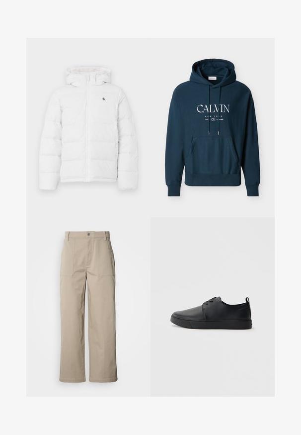Weisse gepolsterte Jacke mit Kapuze, Frontreißverschluss, seitlichen Taschen und kleinem schwarzen "cK"-Logo auf der Brust.; Marineblauer Pullover-Hoodie mit Fronttasche und weißem Schriftzug "CALVIN NEW YORK 1968 CK Calvin Klein" mittig auf der Brust.; Beige Hosen mit weitem Bein aus Baumwolle; mit vorderen aufgesetzten Taschen, einem Knopfverschluss und sichtbaren Nähten entlang der Säume.; Schwarze Leder-Sneaker mit glatter Oberfläche, abgerundeter Zehenpartie, gleichfarbiger Nähte, schnürbarem Vorderteil und flacher Gummisohle. Schlaufe an der Ferse.