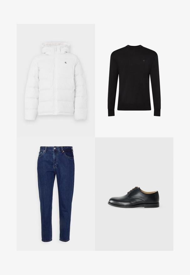 Witte gewatteerde jas met capuchon, frontzipper, zijzakken en klein zwart "cK" logo op de borst.; Zwarte trui met lange mouwen en ronde hals, met een klein subtiel logo op de bovenste linkerborst en geribbelde manchetten en zoom.; Donkerblauwe straight-leg spijkerbroek met knoop- en ritssluiting aan de voorkant, riemlussen, en voor- en achterzakken.; Calvin Klein ESS DERBY - Veterschoenen - triple black