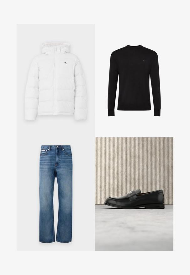 Hvid polstret jakke med hætte, frontlynlås, sidelommer og lille sort "cK" logo på brystet.; Sort langærmet sweater med rund hals og lille diskret logo på venstre øvre bryst samt ribbet manchetter og kant.; Blå lige ben denim jeans med let bleget effekt, frontlukning med knap og et lille logo mærke på den højre forlommer.; Sort læderloafer med metalbrandskilt hvilende nær et brunt rundt bord på beige tæppe.