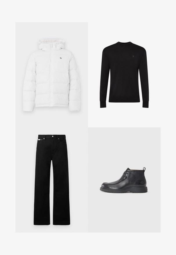 Hvid polstret jakke med hætte, frontlynlås, sidelommer og lille sort "cK" logo på brystet.; Sort langærmet sweater med rund hals og lille diskret logo på venstre øvre bryst samt ribbet manchetter og kant.; Sorte denimbukser med bred ben-design, der har fem lommer og metallisk knapdetalje. Glat tekstur, uden synlige mønstre.; Sorte læder ankelstøvler med rund tå, snørelukning og en løkke bagpå. Tekstureret overdel og gummisål.