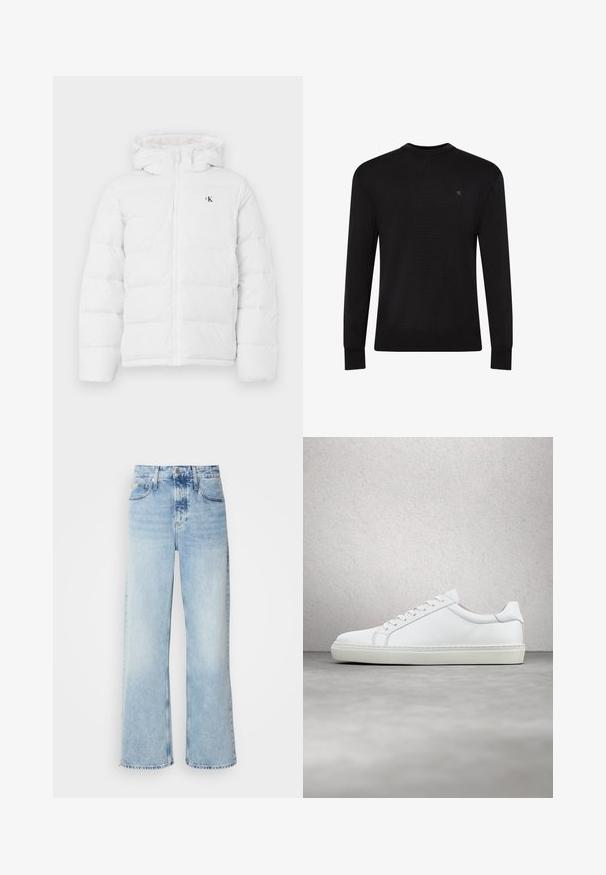 Witte gewatteerde jas met capuchon, frontzipper, zijzakken en klein zwart "cK" logo op de borst.; Zwarte trui met lange mouwen en ronde hals, met een klein subtiel logo op de bovenste linkerborst en geribbelde manchetten en zoom.; Lichtblauwe wijde jeans met een hoge taille, met een vervaagde afwerking, riemlussen en een klassieke vijf-pocketdesign. De zoom is ruig.; Witte sneaker met een gladlederen bovenwerk en een laag profiel. Voorzien van een ronde neus, zes vetergaatjes en een gestructureerde rubberen zool.