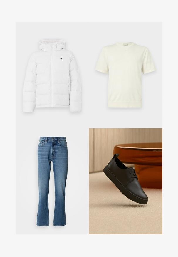 Veste blanche rembourrée avec capuche, fermeture éclair sur le devant, poches latérales et petit logo "cK" noir sur la poitrine.; T-shirt blanc uni à manches courtes avec col rond, ourlet et poignets côtelés, présenté sur un fond gris clair neutre.; Jeans en denim bleu clair avec une coupe droite et une légère évasée. Comprend cinq poches, une fermeture à bouton et des détails de décoloration subtils.; Baskets décontractées en cuir noir avec lacets, flottant au-dessus d'un tapis beige, avec une table en verre ambré arrondie en arrière-plan.