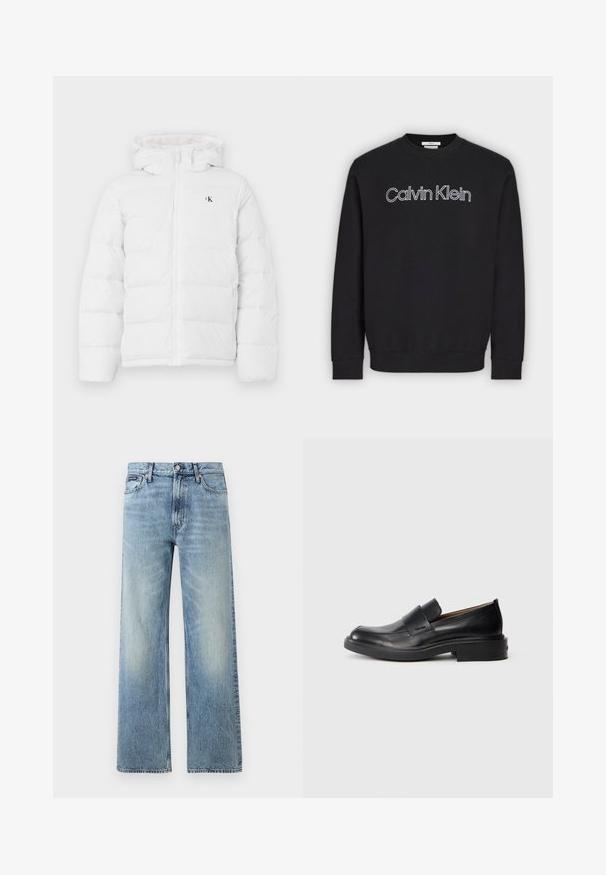 Hvid polstret jakke med hætte, frontlynlås, sidelommer og lille sort "cK" logo på brystet.; Sort sweatshirt med lange ærmer og rund hals med hvidt kontureret "Calvin Klein" logo centreret på brystet, ribbede manchetter og kant.; Lyseblå denim jeans med lige ben, højt talje, fem lommer, knaplukning og diskrete falmede områder på lår og knæ.; Sorte læder slip-on dress sko med lav hæl og subtil Calvin Klein logo på siden, vist i profil på en hvid baggrund.