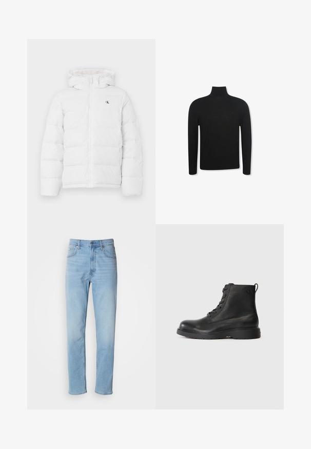 Weisse gepolsterte Jacke mit Kapuze, Frontreißverschluss, seitlichen Taschen und kleinem schwarzen "cK"-Logo auf der Brust.; Schwarzer Langarm-Rollkragenpullover mit schmaler Passform und dezentem Logo auf der linken Brustseite, dargestellt vor weißem Hintergrund.; Hellblaue Jeans mit geradem Schnitt, fünf Taschen und Gürtelschlaufen. Der Stoff hat eine glatte Textur mit einem leichten Verblassungseffekt.; Schwarze Knöchelstiefel aus strukturiertem Leder mit runder Spitze, Schnürdesign und einer robusten schwarzen Gummisohle. Verfügt über eine Schlaufe an der Ferse.