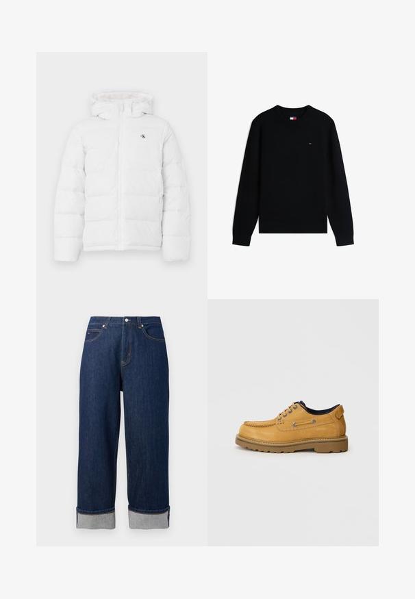 Weisse gepolsterte Jacke mit Kapuze, Frontreißverschluss, seitlichen Taschen und kleinem schwarzen "cK"-Logo auf der Brust.; Schwarzer Langarm-Rundhalspullover mit kleinem rot-weiß-blauem Logo auf der linken Brust und passendem Logo im Innenkragen.; Dunkelblaue lässige Jeans mit weit geschnittenen Beinen und umgeschlagenen Säumen, Knopf vorne und kontrastierendem Nähen auf weißem Hintergrund.; Herren Schnürschuh aus hellbraunem Leder mit Mokassin-Zehen, gepolstertem Kragen und dicker Gummisohle, seitlich auf einem schlichten Hintergrund gezeigt.