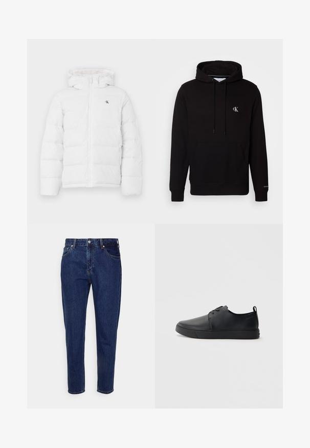 Hvid polstret jakke med hætte, frontlynlås, sidelommer og lille sort "cK" logo på brystet.; Sort hættetrøje med front kængurulomme, snore og lille hvid "CK"-logo på brystet og "Calvin Klein" på manchet.; Mørkeblå straight-leg cowboybukser med forreste knap- og lynlås-lukning, bæltestropper samt for- og baglommer.; Sorte lædersneakers med en glat finish, rund tå, tonalt syning, snøring foran og en flad gummisål. Løkke ved hælen.