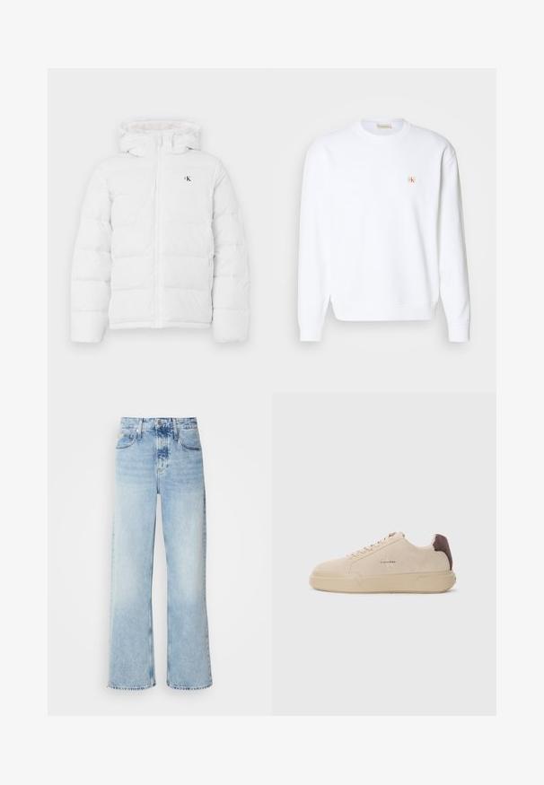 Weisse gepolsterte Jacke mit Kapuze, Frontreißverschluss, seitlichen Taschen und kleinem schwarzen "cK"-Logo auf der Brust.; Weißes Sweatshirt mit langen Ärmeln, Rundhalsausschnitt und gerippten Bündchen. Verfügt über ein kleines Logo in Rot und Beige im Bereich der linken Brust. Glatte Textur.; Helle blaue weite Jeans mit hoher Taille, in verwaschenem Finish, mit Gürtelschlaufen und klassischem Fünf-Taschen-Design. Der Saum ist ungesäumt.; Beige Wildleder-Sneaker mit runder Spitze, Schnürung vorne und einem braunen Wildlederakzent an der Ferse. Verfügt über eine strukturierte Gummisohle.
