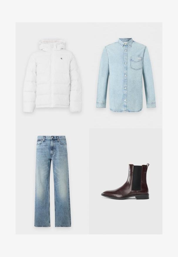 Weisse gepolsterte Jacke mit Kapuze, Frontreißverschluss, seitlichen Taschen und kleinem schwarzen "cK"-Logo auf der Brust.; Hellblaues Denim-Hemd mit langen Ärmeln, Knopfleiste vorne, einer Brusttasche mit Calvin Klein-Logo und spitzem Kragen.; Hellblaue Jeans mit geradem Bein, hohem Bund, fünf Taschen, Knopfverschluss und dezentem Verblassen an Oberschenkeln und Knien.; Braune Leder Chelsea-Stiefel mit elastischen Seitenpaneelen, spitzem Zehenbereich und glatter Textur. Schwarzer Boden und dezente Ziernähte.